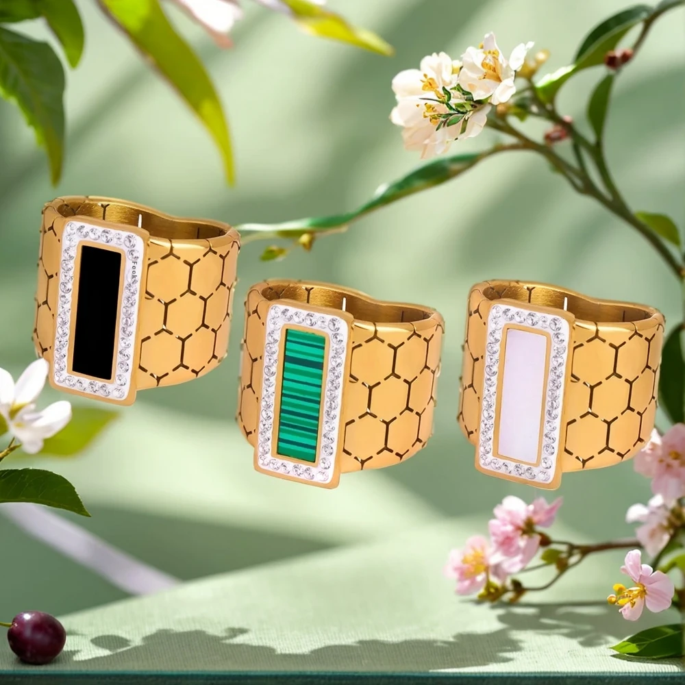 

Stainless Steel Ring for Women Luxury Black Acrylic Turquoise Square Crystal Ring Girl Punk Accessories Fashion Jewelry