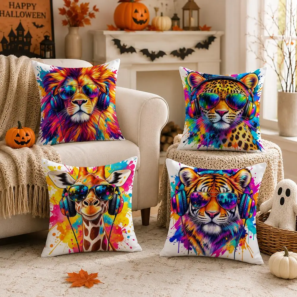Adorable Animal-Print Pillows with Sunglasses and Headphones Giraffe Lion and Leopard Designs! Sofa cushion cover Cushion Cover