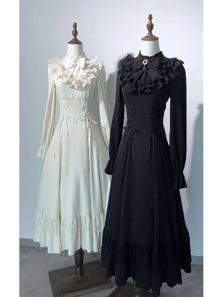 SOIOMES French new style Gothic clear tie long-sleeved bow dress with a fitted waist, exuding a slimming effect and a long skirt