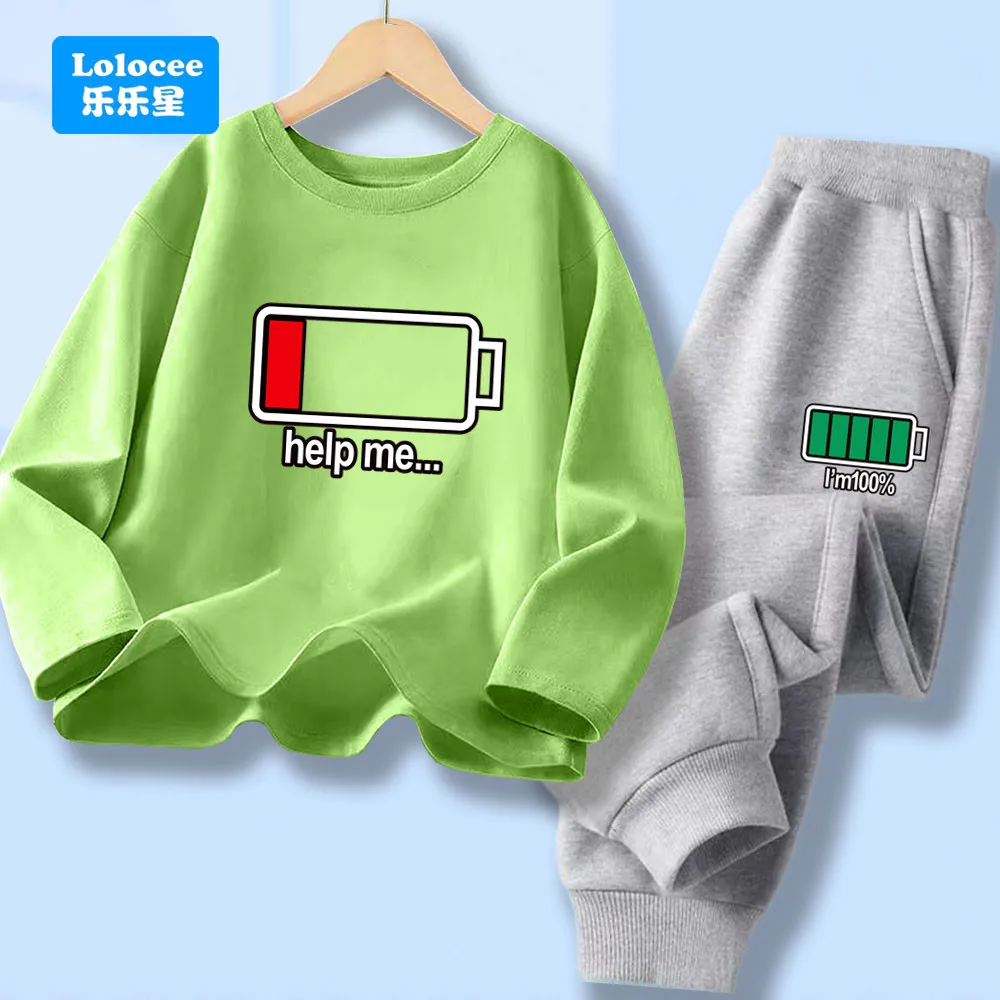 Herfst Kid Jongen Lange Mouw 2 Stuks Kleding Set Kinderen Grappige Batterij Brief Gedrukt T-shirt Trui Top En Broek trainingspakken DCW1