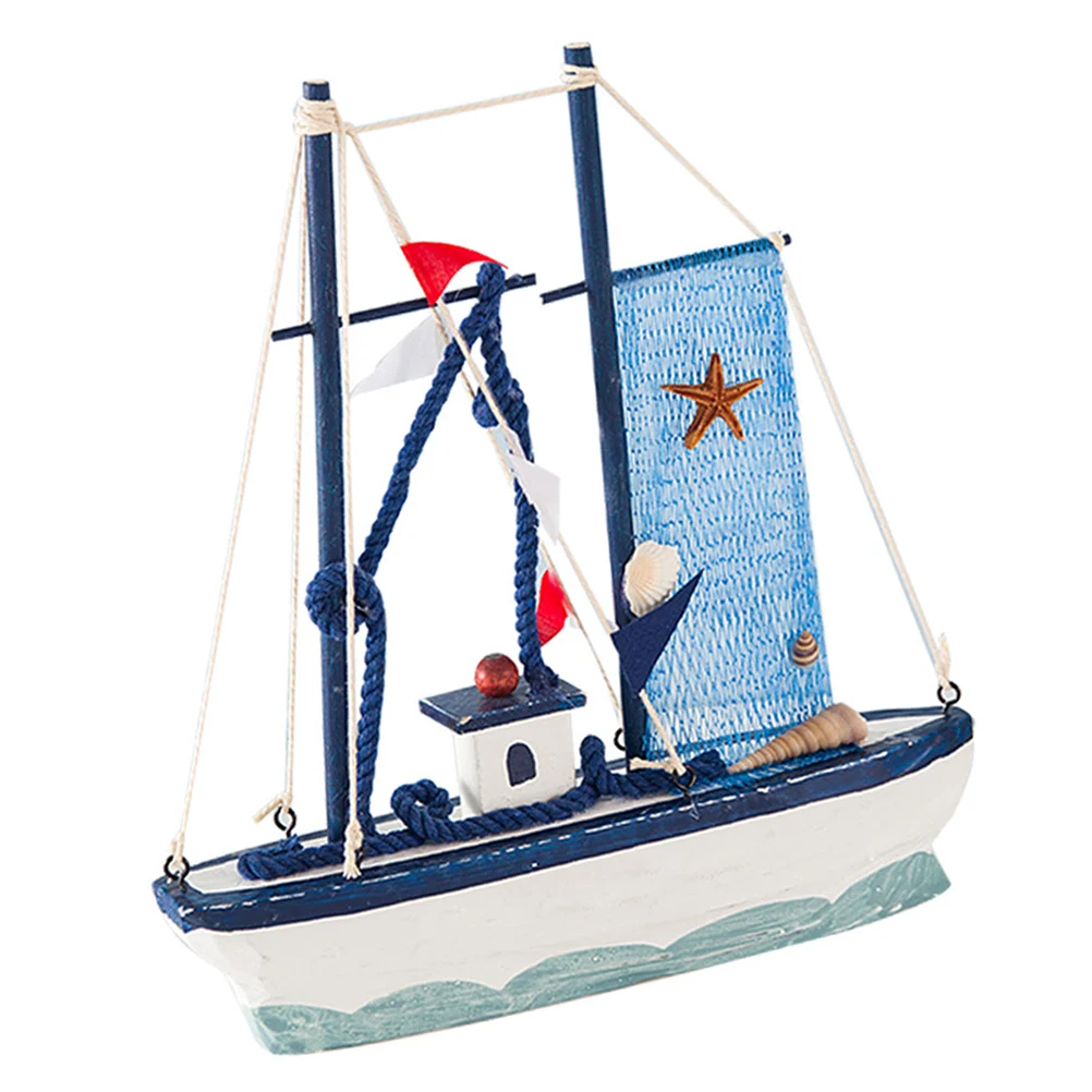 

Wooden Sailboat Model Decor Mini Sailing Boat Statue Rustic Blue Seaside Car Home Office Bedroom Table Bookshelf nament