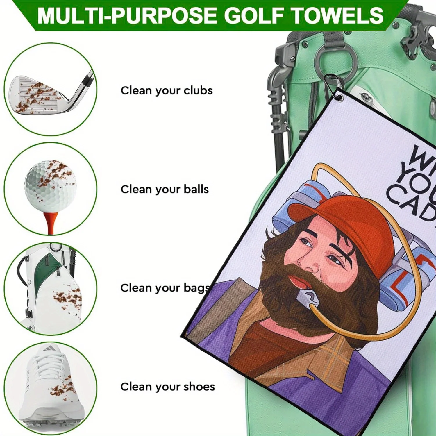 منشفة جولف مضحكة من الألياف الدقيقة الممتازة مع حامل مشبك لحقائب الجولف Happy Gilmore بتصميم أنماط مختلفة على الوجهين منشفة جولف #3