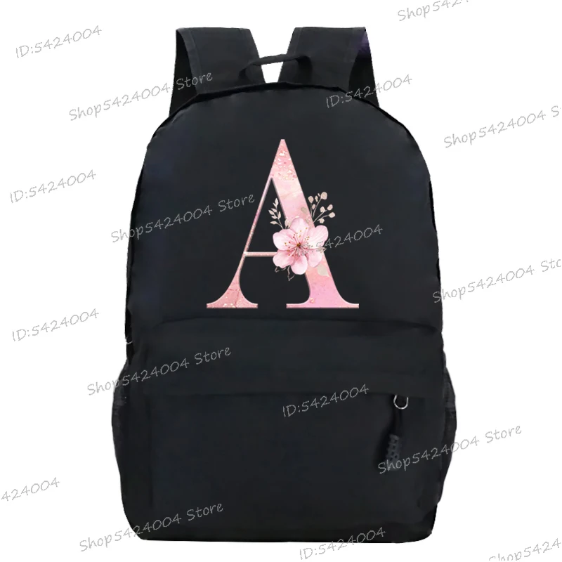 Pink Sakura Lover Gift School Bags for Girls A-Z 26 Alphabet Flower Backpack Shouder for Women Cherry Blossom Computer Book Bag