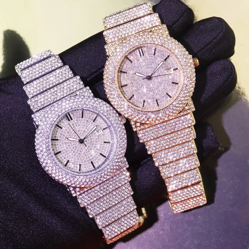 

Роскошные часы с бриллиантами для мужчин и женщин, часы в стиле хип-хоп с бриллиантами, кварцевые мужские часы с золотой датой, Relojes, роскошные модные мужские наручные часы