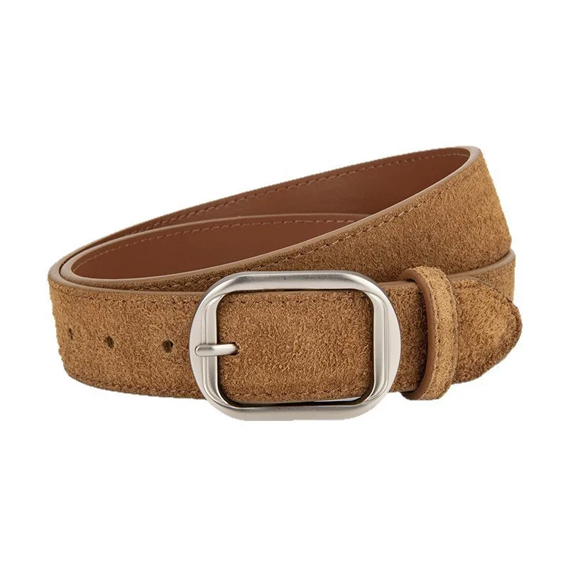 Matte Genuine Leather Suede Belt for Women, Versatile High-End Jeans with American Retro Belt for Women