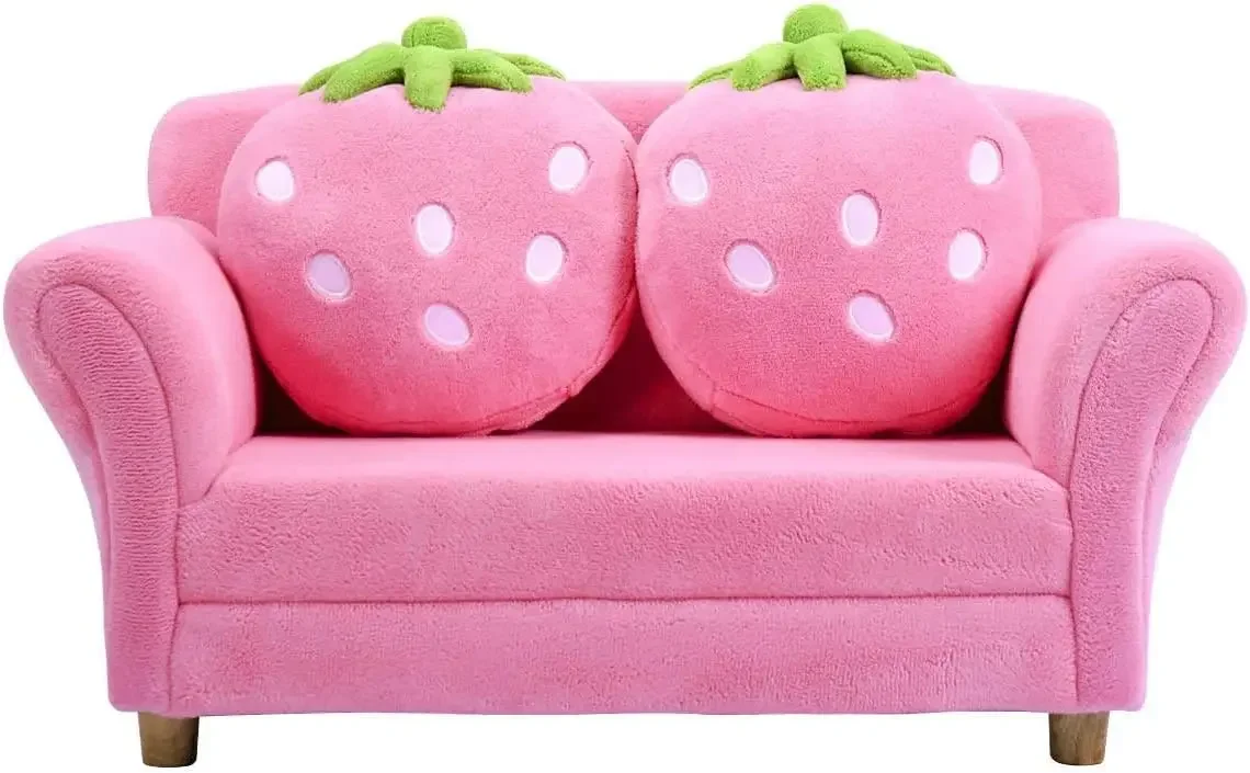 Kids Couch, Double Seat Pink Children's Sofa with 2 Strawberry Pillows, Toddler Armrest Chair for Bedroom, Living Room, Large So