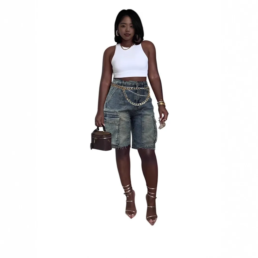 Washed Distressed Shorts Mid Rise Fresh Sweet Women Shorts with Hand Finished Summer Regular Thickness Workwear Cargo Pockets