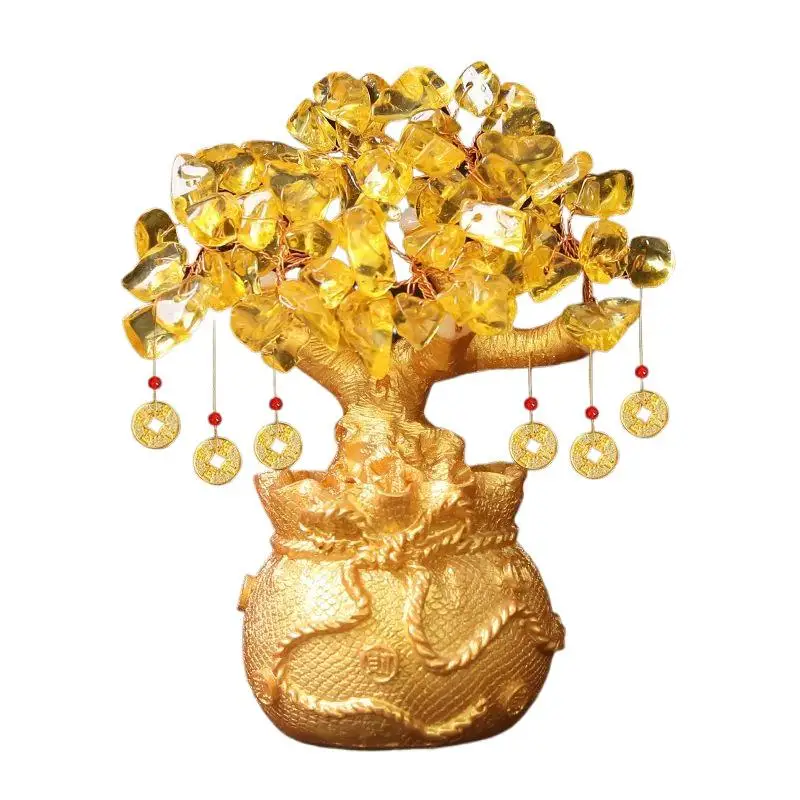 Feng Shui Art Decoration Tabletop Lucky Wealth Tree 19cm 14cm Delicate Yellow Crystal Money Tree Ornament Home Office Shop