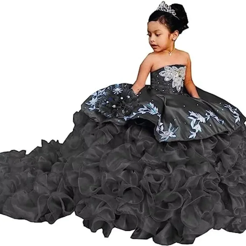 Customized Royal Blue Flower Girl Dresses For Wedding Appliques Layered Luxury Princess Birthday Party First Communion Ball Gown