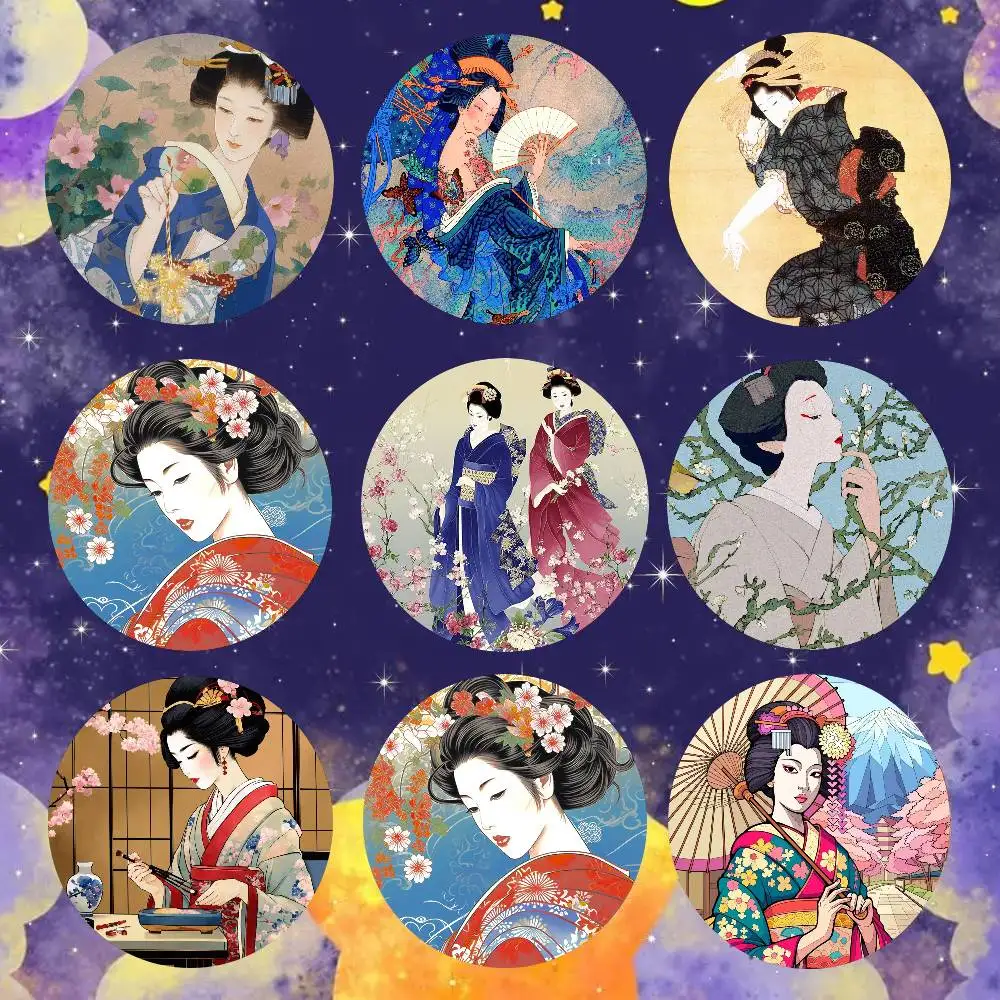 Classic Retro Japanese Lady Geisha Badge Tinplate Meme Round Brooch For Hat Bag Creative Lapel Jewelry Accessories Gifts