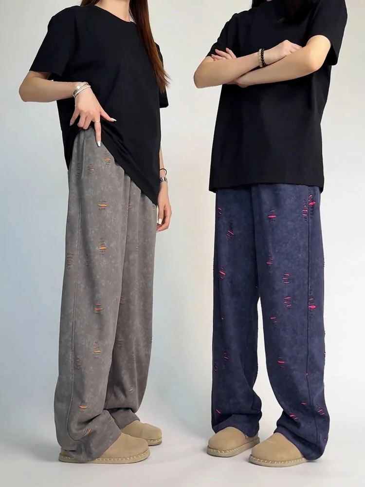 بنطلون رياضي نسائي بتصميم أمريكي عتيق مع فتحات، سروال واسع الساق فضفاض بتصميم مستقيم وعصري