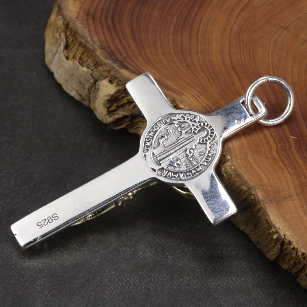 Halskette mit katholischem Kreuz-Anhänger aus echtem 925er-Sterlingsilber, Amulett-Halskette, Jesus Christus-Schmuck für Männer und Frauen – Detail 5