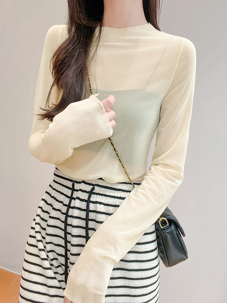 

Summer Me Base irt Women's High-End Feeling T-irt Inner Wear Sexy Hollow out Ice Silk Top Thin Korean Sle round Ne