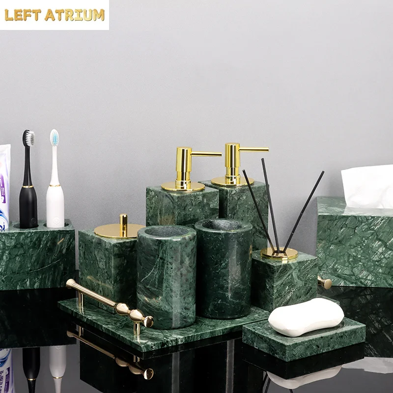 Indian Green Natural Marble Bathroom Accessories Retro Soap Dispenser Soap Dish Toothbrush Holder Tissue Box Bathroom Set