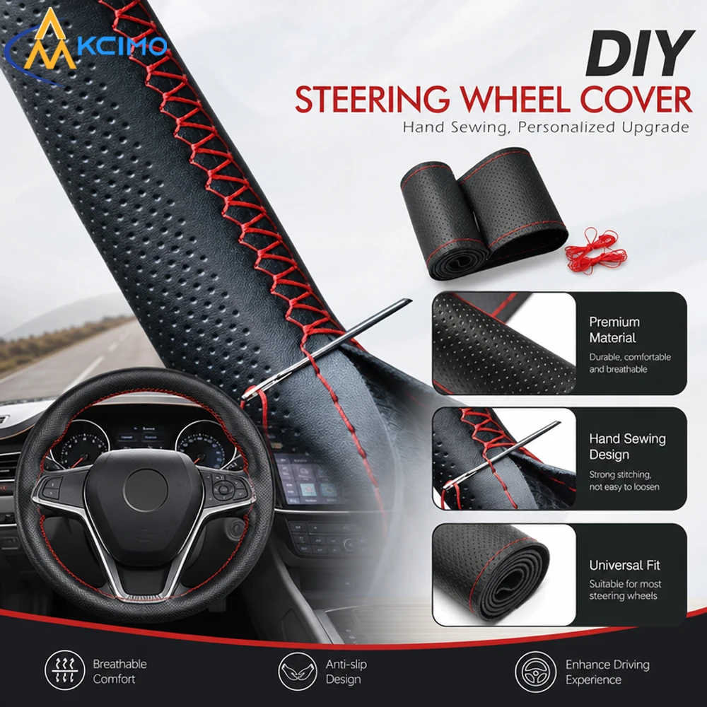 Universal Faux Leather Steering Wheel Cover Kit - DIY Hand-Sew Soft Comfortable Braided Auto Interior Accessory with Needle