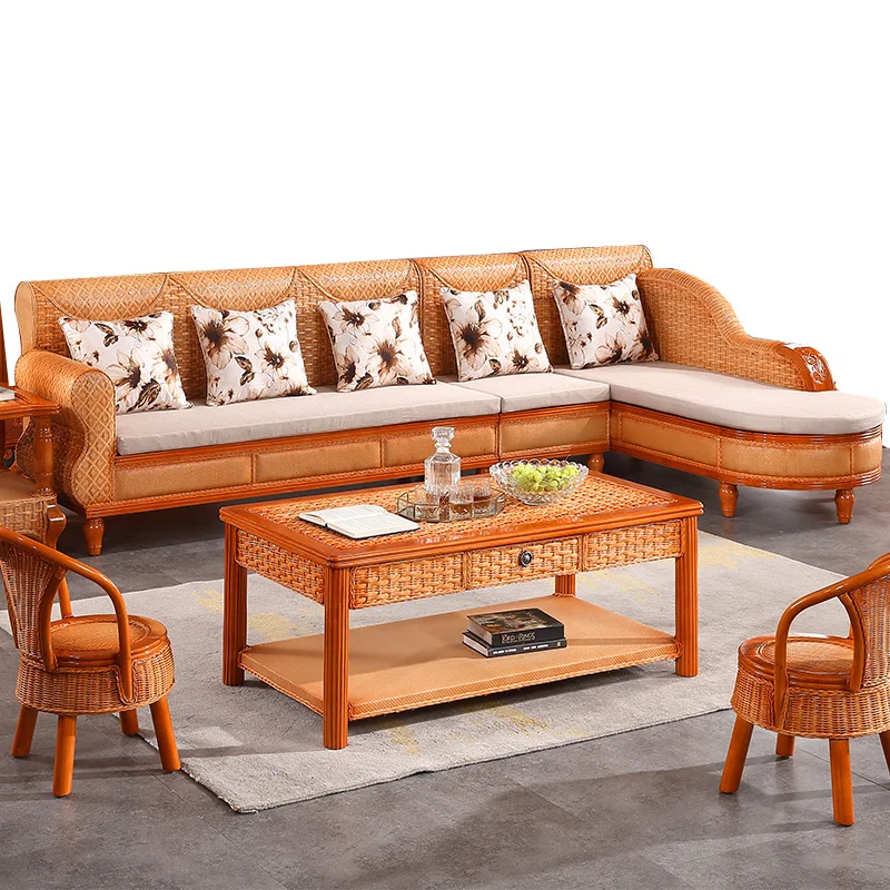 Rattan sofa living room combination three-piece solid wood woven corner sofa rattan furniture