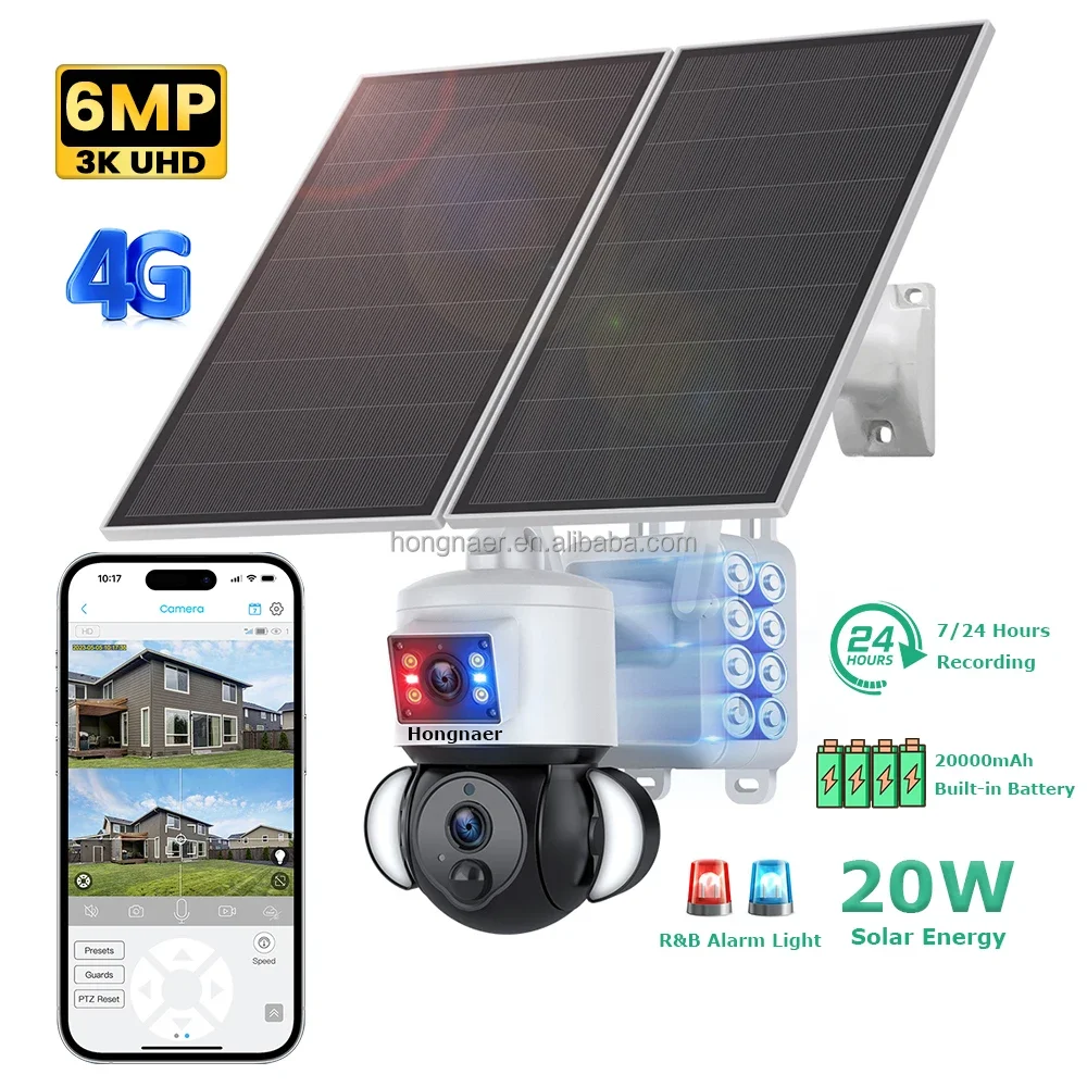 2026 Hongnaer 6MP AOV 20W Solar Powered Wireless 4G PTZ Security Surveil Camera Dual Lens Ubox Outdoor 4G Sim Card CCTV Solar Ca