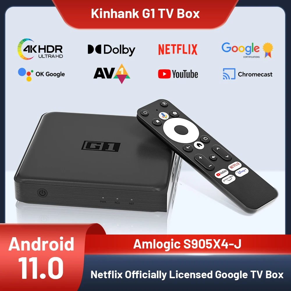 KINAHNK G1 Smart TV Box 4K @ 60fps para Netflix con sistema operativo Android 11 con certificación Google Dolby Vision y decodificador Digital Plus AV1 WiFi6