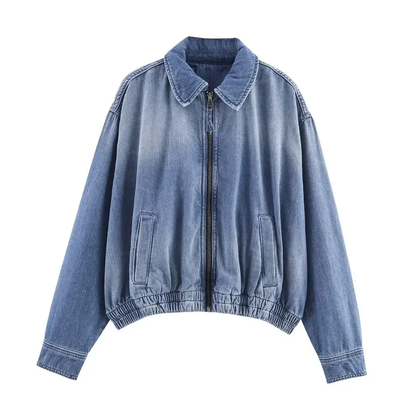 

Autumn New Women's Lapel Denim Jacket Loose All Match Solid Color Long Sleeve Coats Simple Daily Commuting Zipper Jackets