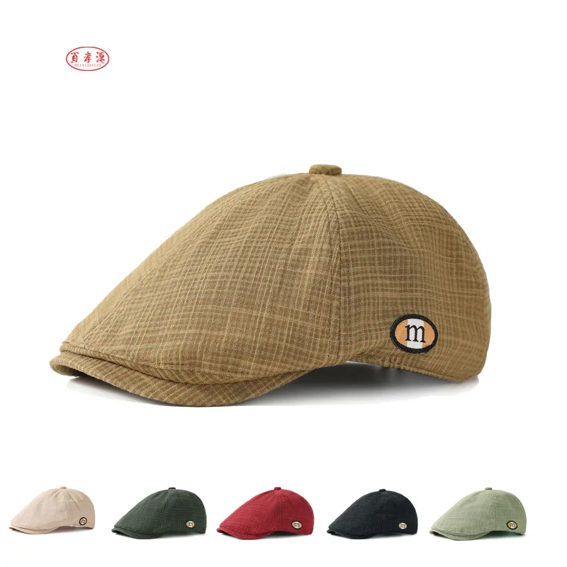 Octagonal Hat Trendy Men and Women Plaid Fresh Fashionable Painter Hat Korean VersionmLetter Logo Short Brim Baseball Cap Trendy