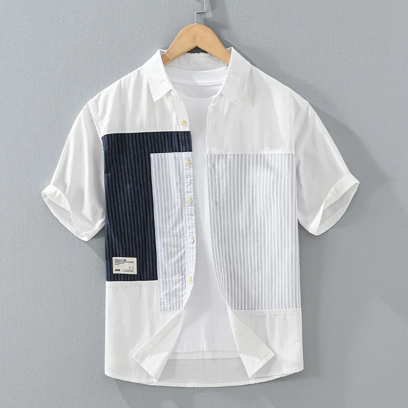 Summer Men's Short Sleeve Shirt Patchwork Stripe Casual Modal Five-Quarter Length Fashionable Color Block Design Artistic Style