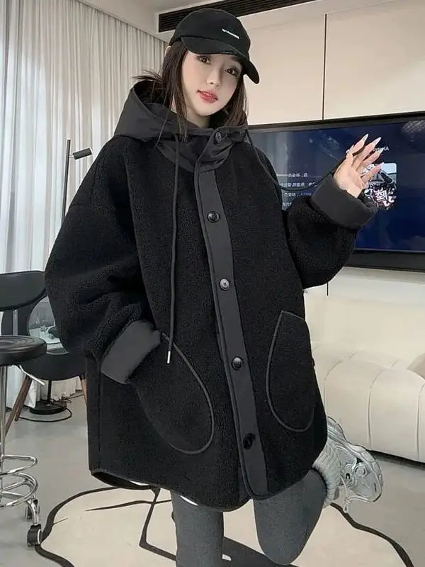 

Large Size 300 Pou Bla Hooded Jaet Women's Faion eepskin Loose Outerwear Trendy Winter Coat Korean Sle Commute