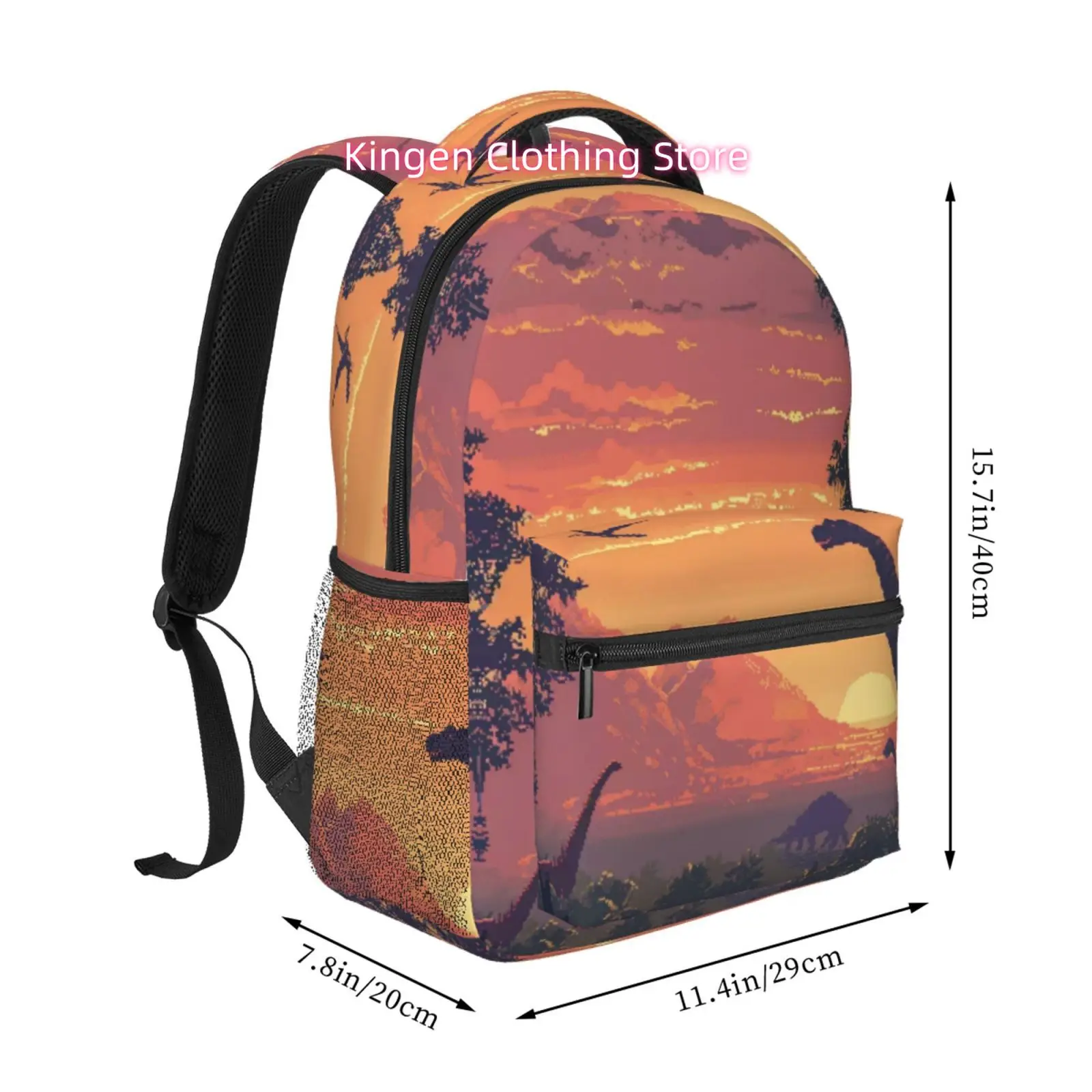 Retro Pixel Dinosaur Backpack with Sunset Print - Large Capacity Laptop Suitable for Work,, Travel, Adjustable Straps & Multiple