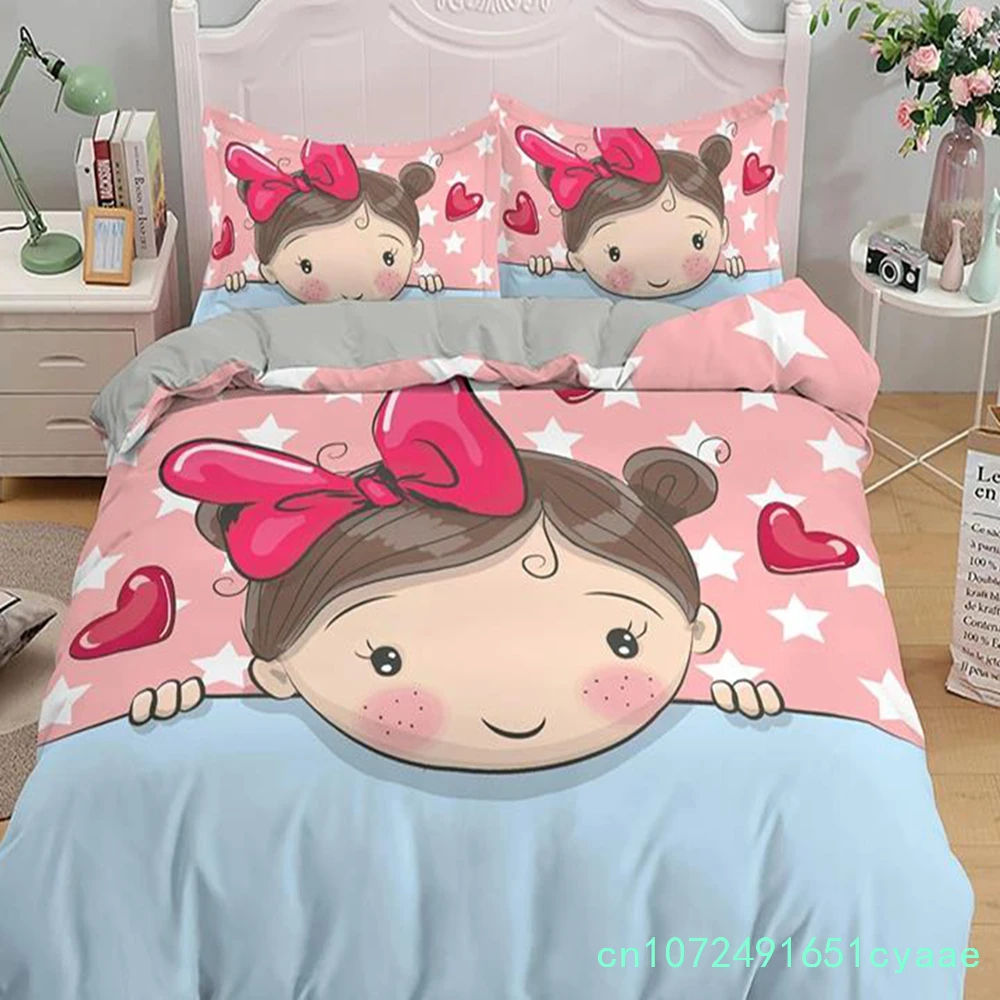 Cartoon Lovely Girls King Queen Duvet Cover Cute Little Girl Pattern Bedding Set Kids Pink Pretty 2/3pcs Polyester Quilt Cover