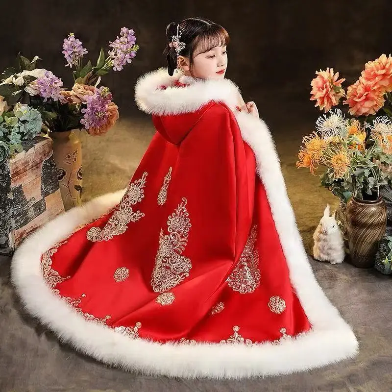 

Traditional Embroidery Hanfu Cloak Girls Festive Red Autumn Winter Thicken Outer Robe Lucky Kids Christmas New Year Event Cape