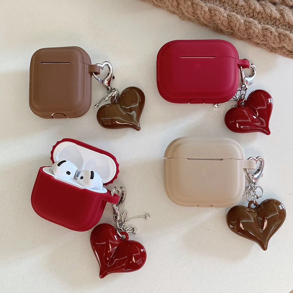 

New Year Red Silicone Earphone Case with Heart Keychain For AirPods 4 ANC Protective Cover for AirPod 1 2 3 Pro 3 Pendant Funda