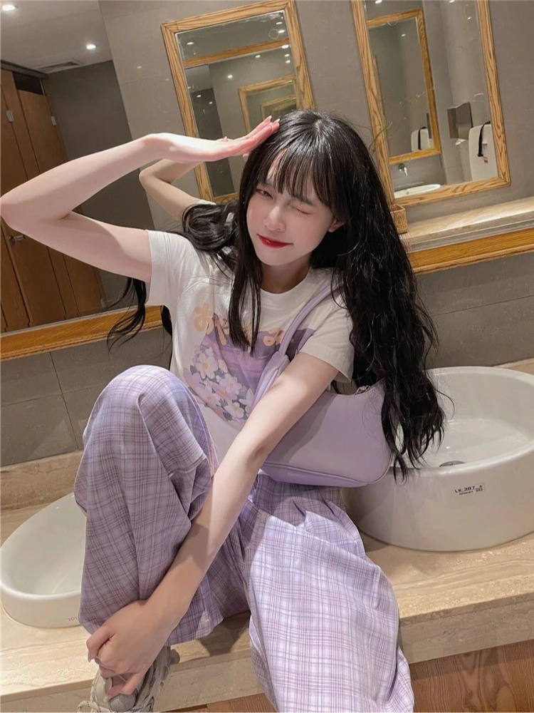 

Women's Purple Plaid Two-Piece Set - Floral Print Crop T-Shirt & Wide Leg Pants, Kawaii Casual Japanese Streetwear Spring Summer