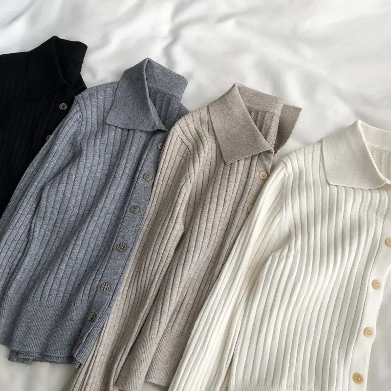 High Quality Knit Cardigan Women Korean Fashion Turndown Collar Buttons Up Sweaters Solid Casual Long Sleeve Knitwear 4