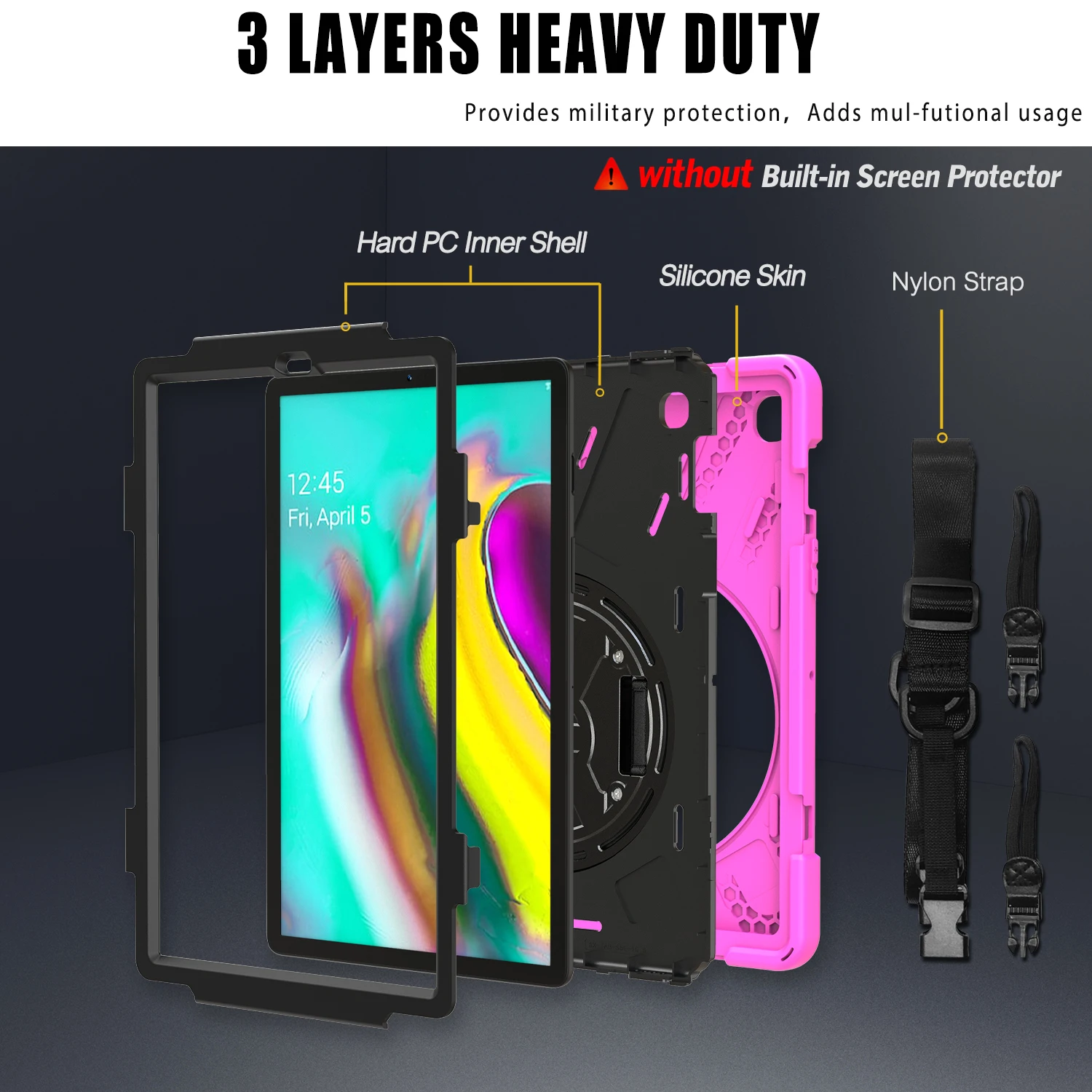 Case for Samsung Galaxy Tab A8.0 P200 A8.4 T307 A10.1 T510 S5E T720 T570 Kickstand Hand/Shoulder Strap 3-Layer Protective Cover