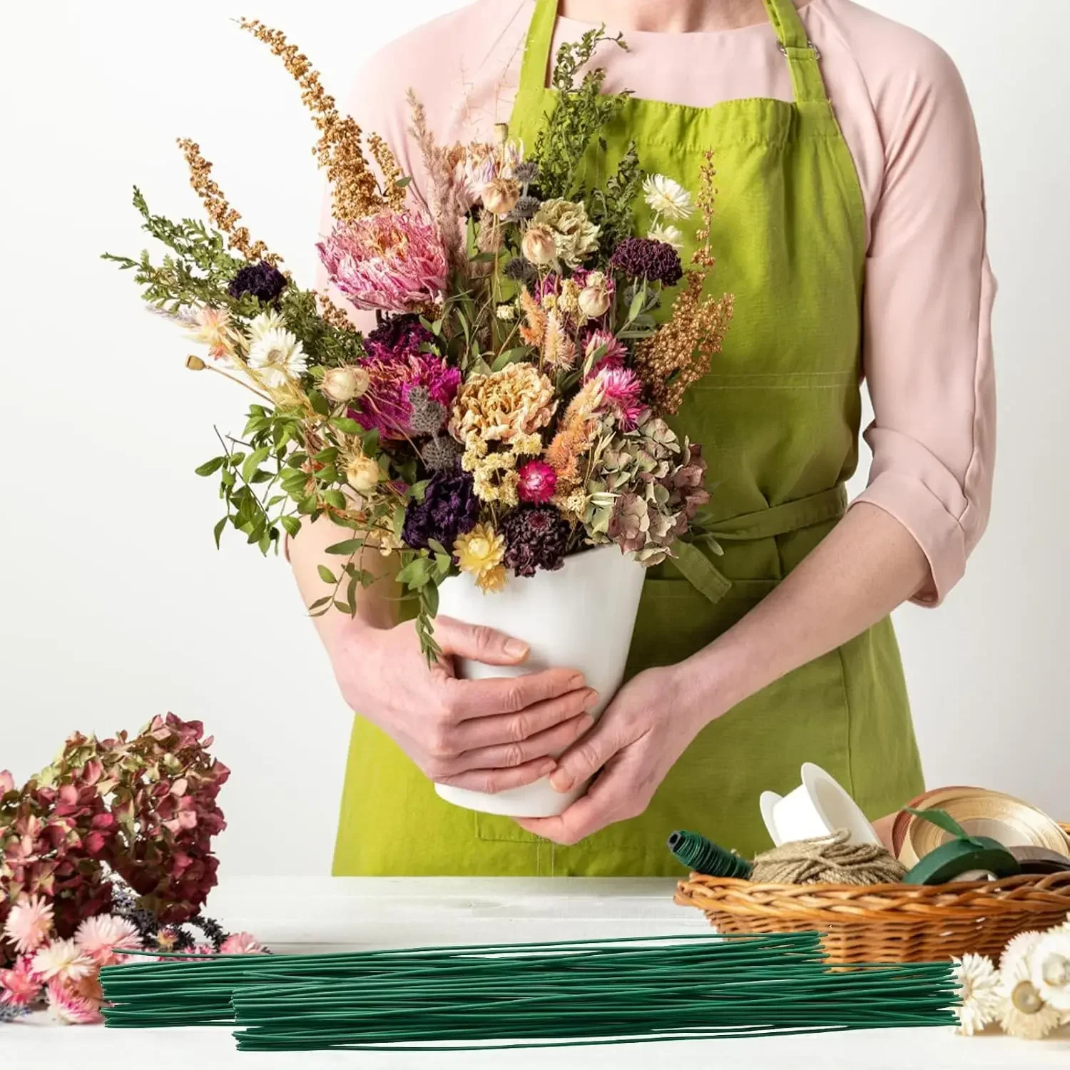 Künstlicher Blumenstiel Draht Blumenstange für DIY Chenille-Stiele Stab Simulationsblumenmaterial mit grünem Floristikband – Detail 5