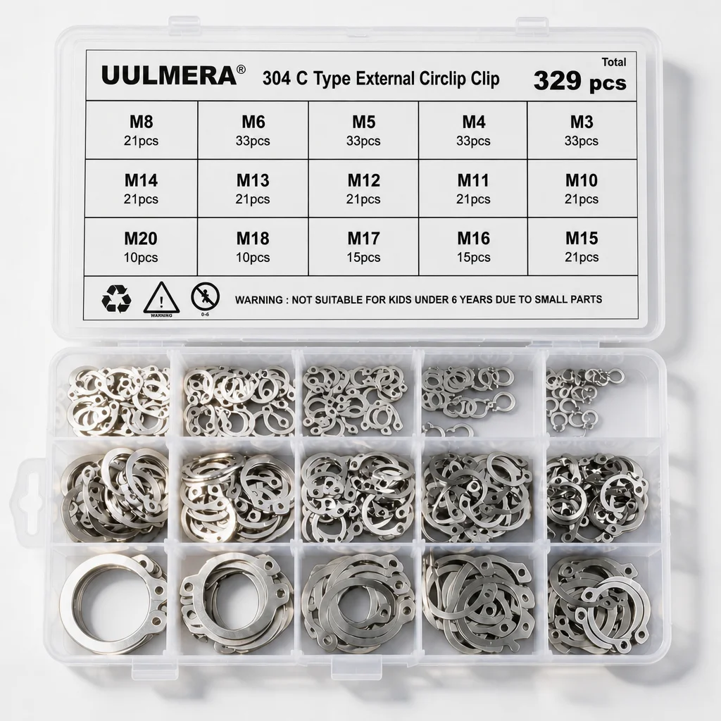 329Pcs 304 Stainless Steel External Retaining Ring Snap Circlip C Clip Assortment Kit 15 Sizes Metric Shaft Axle Hardware Set