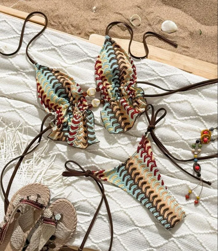 

sexy bohemia print beads bikinis sets two pieces halter tie vest swimsuits beachwear bathing suit swimwear biquini tankini