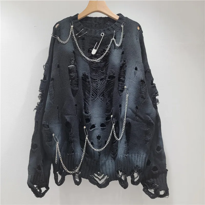 Autumn Woman Metal Chain Fringed Knitted Sweater Shirts Loose Frayed Pin Tassels Crocheted Pullovers O-Neck Holes Knitwear Tops