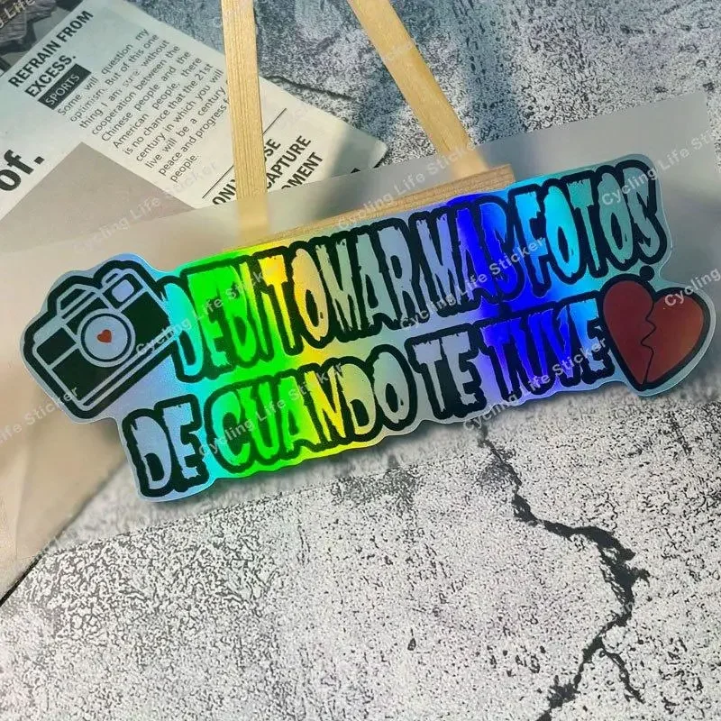 1Pc Holographic Spanish Broken Heart Camera Quote Vinyl Sticker Waterproof For Car Window Scratch Cover Holiday Gift