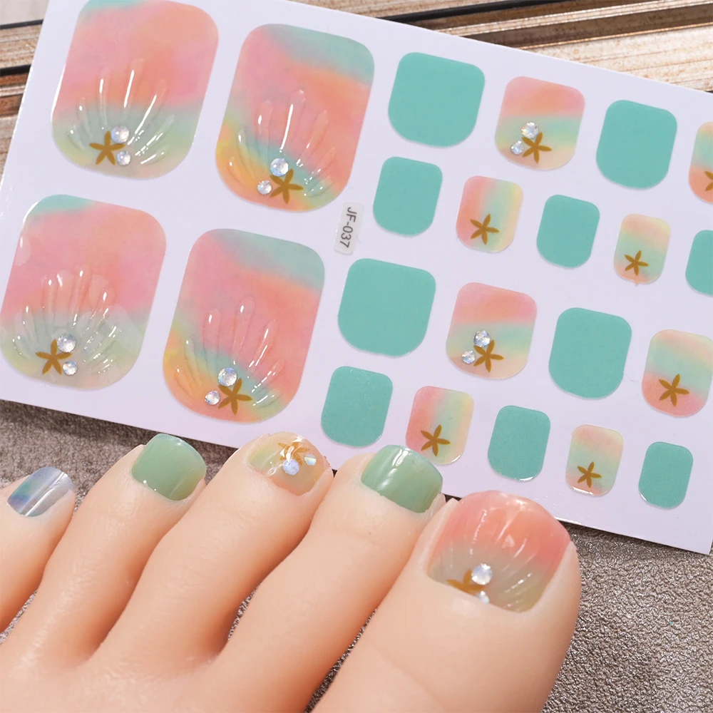 22Tips Summer Starfish Shell Toenails Stickers Ombre Pink Mint Toenail Wraps Tropical Ocean Style Baking-Free Toe Nails Strips N