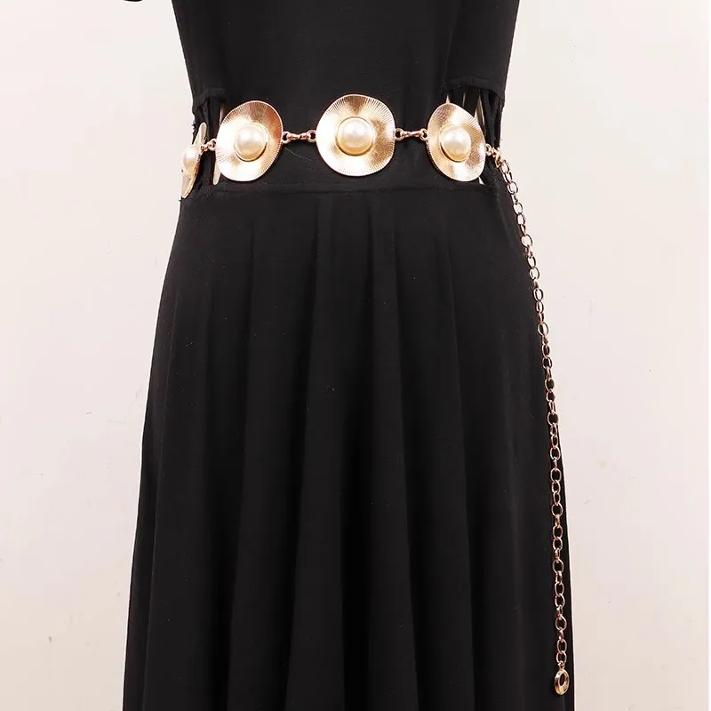 

Women's Gold Silver Pearl Beaded Metal Chain Cummerbunds Female Dress Corsets Waistband Belts Decoration Narrow Belt R2863