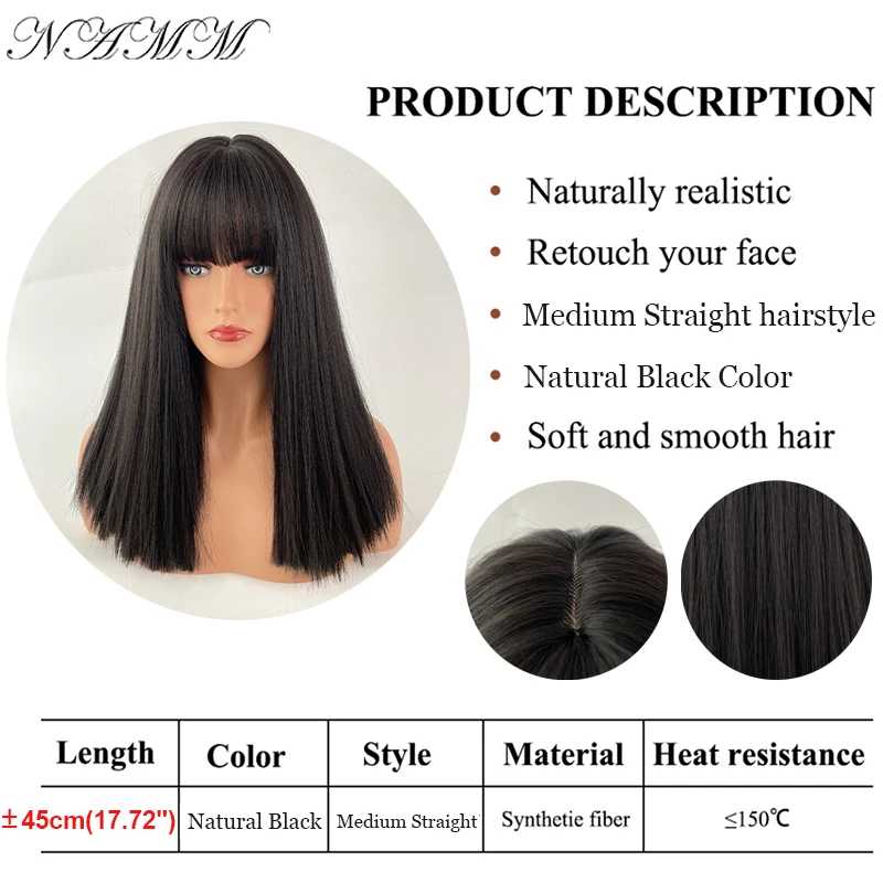 NAMM Women Straight Wigs Natural Black Brown Color Medium Wigs with Bangs Heat Resistant Synthetic Wigs Female Cosplay Fake Hair