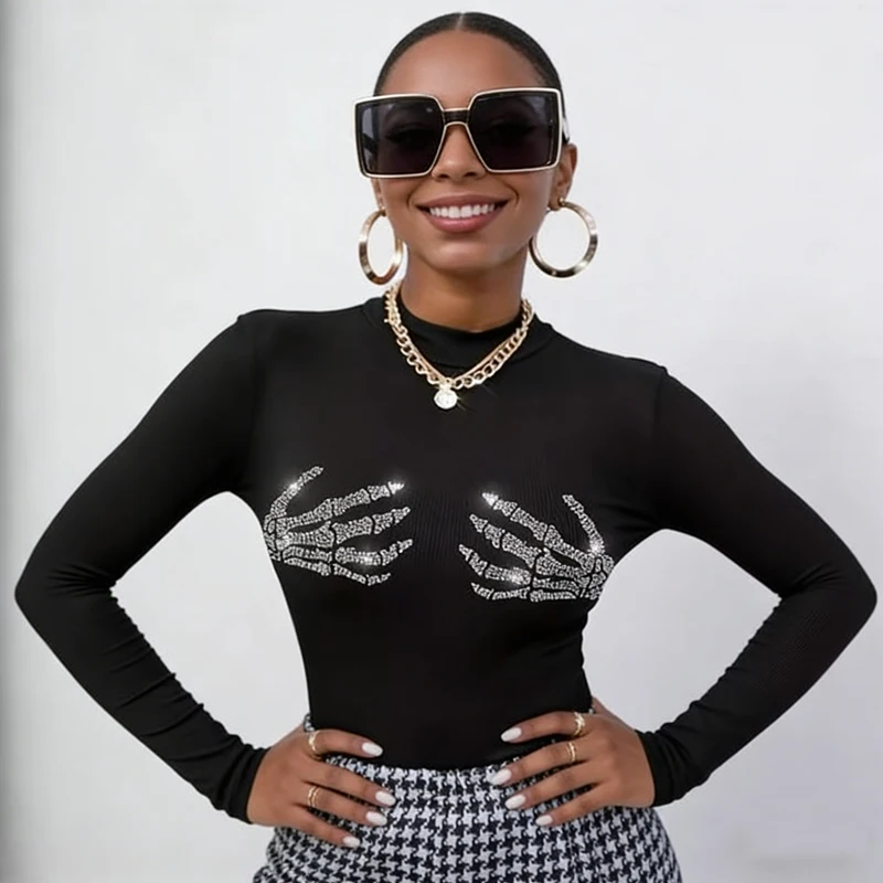 

New Fashion Skull Hot Diamond Women T-shirt Casual Slim Fit Long Sleeve Basic Top Spring Autumn Streetwear Shirt Office Blouse