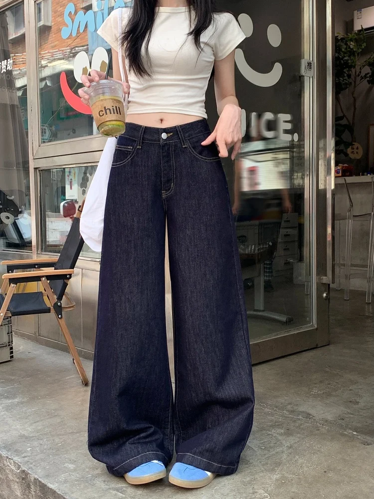 

Синие джинсы с высокой талией и широкими штанинами, женские осенние свободные брюки длиной до пола, универсальные длинные брюки в стиле ретро, повседневная одежда