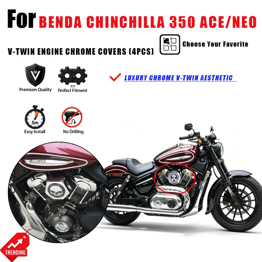For Benda Chinchilla 350 ACE NEO V-twin Engine Aluminum Chrome Side Cover 4Pcs Accesorios Moto Cubierta Motor Cromo Parts