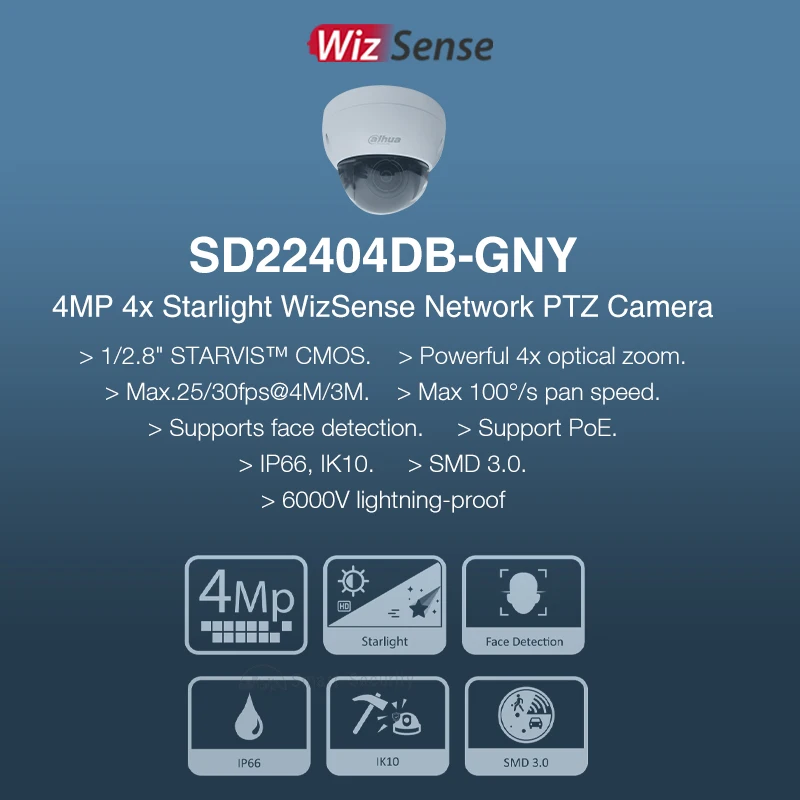 Dahua Wizsense 4MP PTZ IP Camera Optical Zoom Outdoor 360° Starlight Security Protection SMD SD22404DB-GNY Replace SD22404T-GN