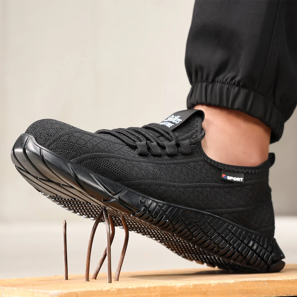 Schwarze Arbeitssicherheitsschuhe, Arbeits-Sneaker mit Stahlkappe, pannensichere, unzerstörbare Schuhe, Schutzstiefel, Sicherheitsschuhe, rutschfest