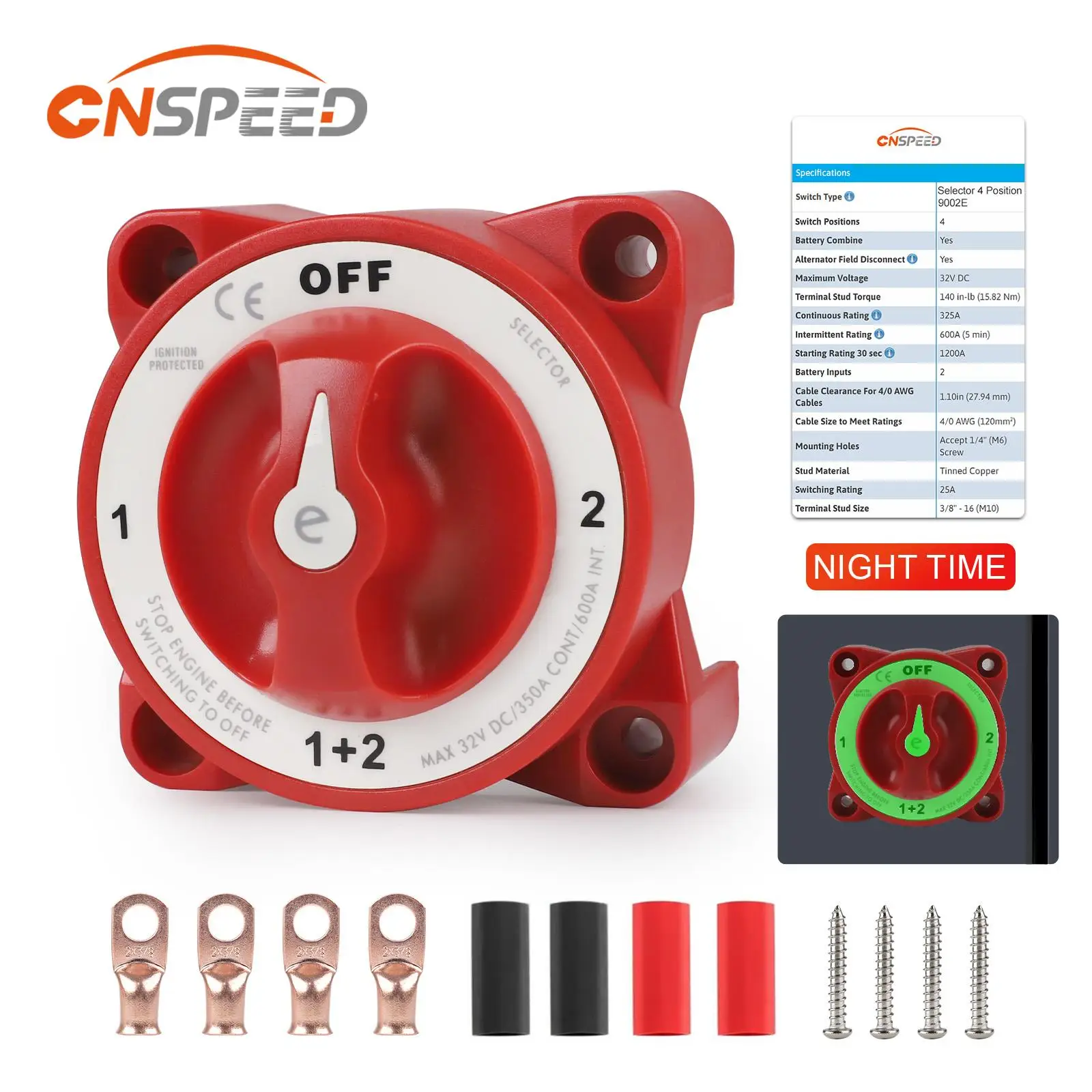 

CNSPEED Marine Boat RV Selector 4 Position Dual Battery Isolator Disconnect Switch AFD 48V 325A Terminal Stud M10 With Cable Lug