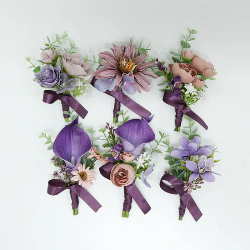 Roxo flores artificiais rosas boutonniere pulso corsage pulseira de dama de honra homem testemunha acessórios de casamento