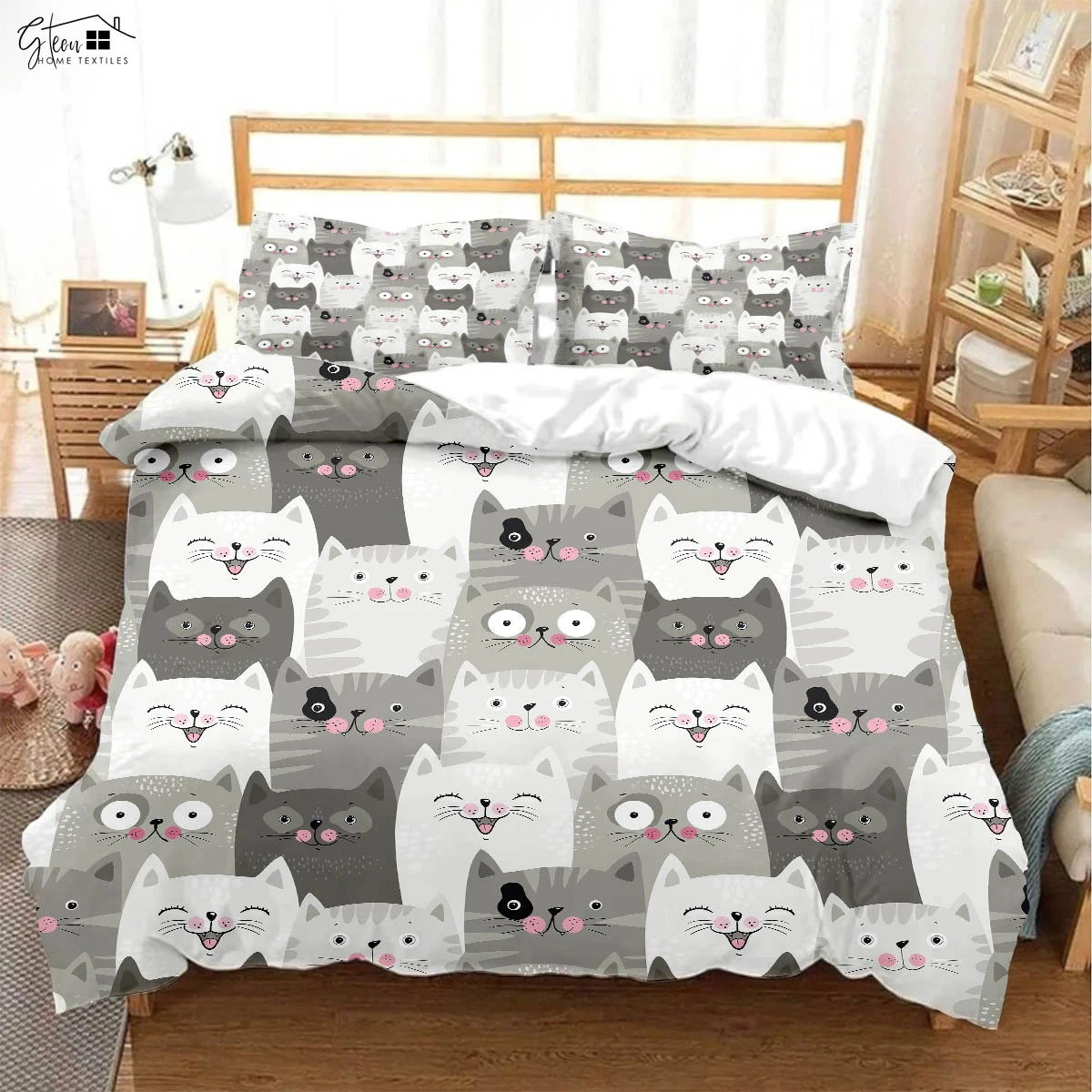 

3pcs Cartoon Cat Print Quilt Cover Bedding Set Textile Products Duvet Cover Pillowcase 100% Polyester Kids Gift