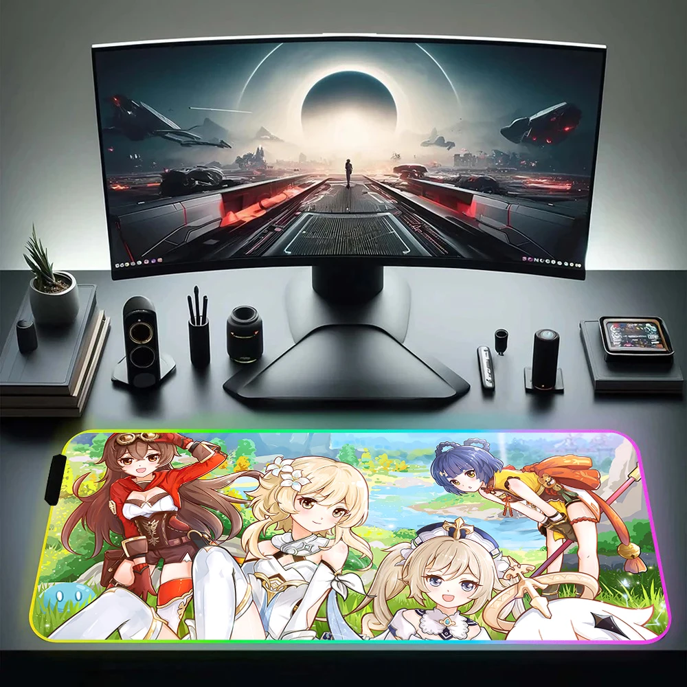 Fashion Game Genshin Impact RGB Pc Gamer Keyboard Mouse Pad Mousepad LED Glowing Mouse Mats Rubber Gaming Computer Mausepad Gift